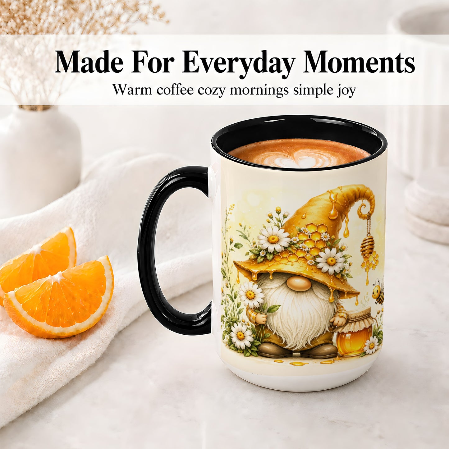 #pl[15oz|Black] Honey Bee Gnome Ceramic Mug, Daisy Honeycomb Garden Floral Art