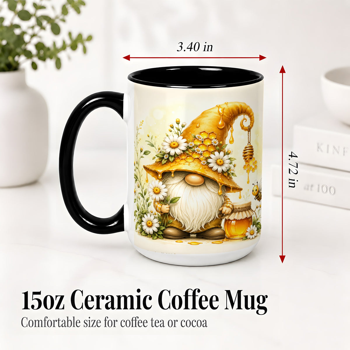 #pl[15oz|Black] Honey Bee Gnome Ceramic Mug, Daisy Honeycomb Garden Floral Art