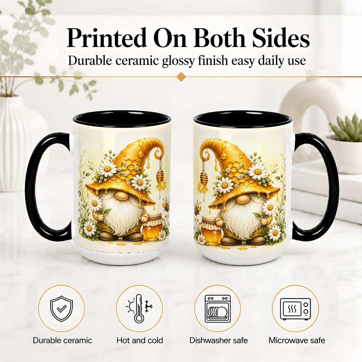 #pl[15oz|Black] Honey Bee Gnome Ceramic Mug, Daisy Honeycomb Garden Floral Art