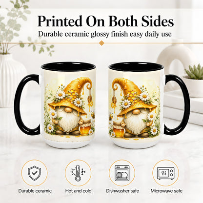 #pl[15oz|Black] Honey Bee Gnome Ceramic Mug, Daisy Honeycomb Garden Floral Art