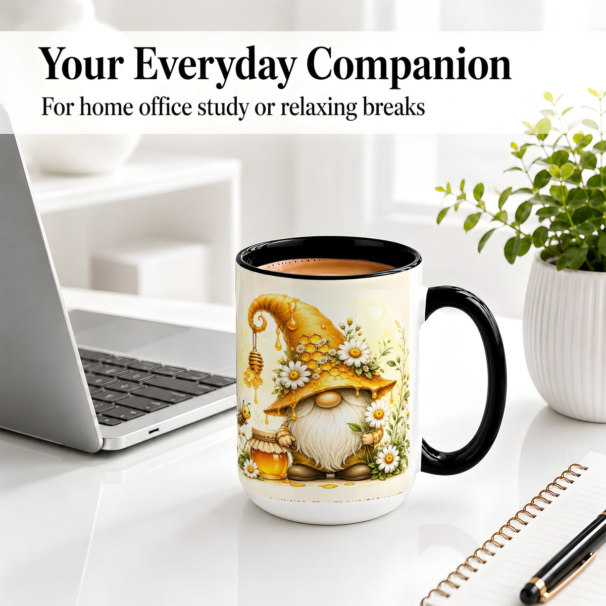 #pl[15oz|Black] Honey Bee Gnome Ceramic Mug, Daisy Honeycomb Garden Floral Art