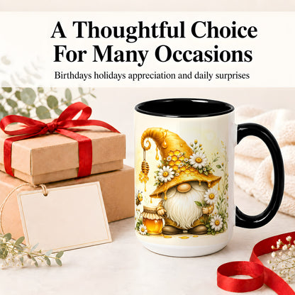#pl[15oz|Black] Honey Bee Gnome Ceramic Mug, Daisy Honeycomb Garden Floral Art