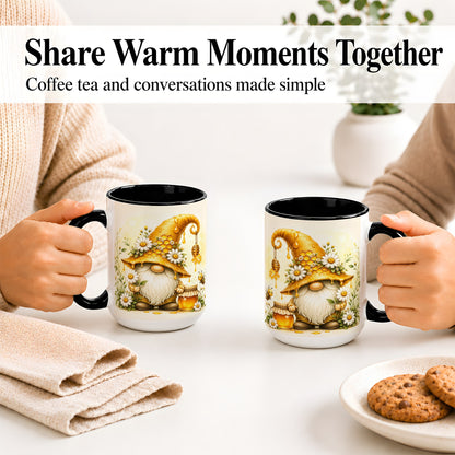 #pl[15oz|Black] Honey Bee Gnome Ceramic Mug, Daisy Honeycomb Garden Floral Art