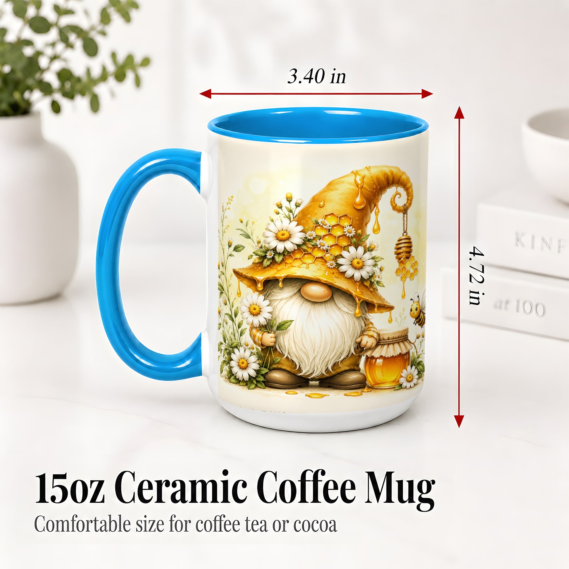 #pl[15oz|Blue] Honey Bee Gnome Ceramic Mug, Daisy Honeycomb Garden Floral Art