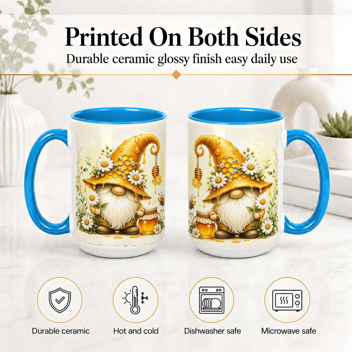 #pl[15oz|Blue] Honey Bee Gnome Ceramic Mug, Daisy Honeycomb Garden Floral Art