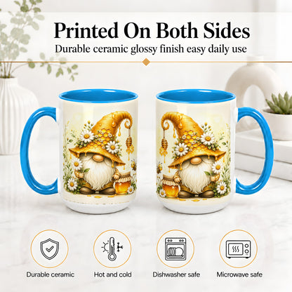 #pl[15oz|Blue] Honey Bee Gnome Ceramic Mug, Daisy Honeycomb Garden Floral Art