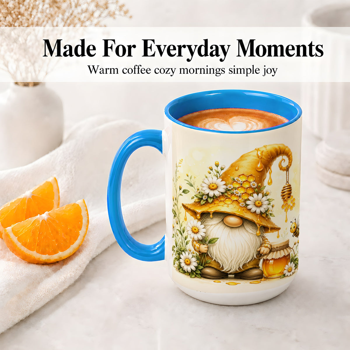 #pl[15oz|Blue] Honey Bee Gnome Ceramic Mug, Daisy Honeycomb Garden Floral Art