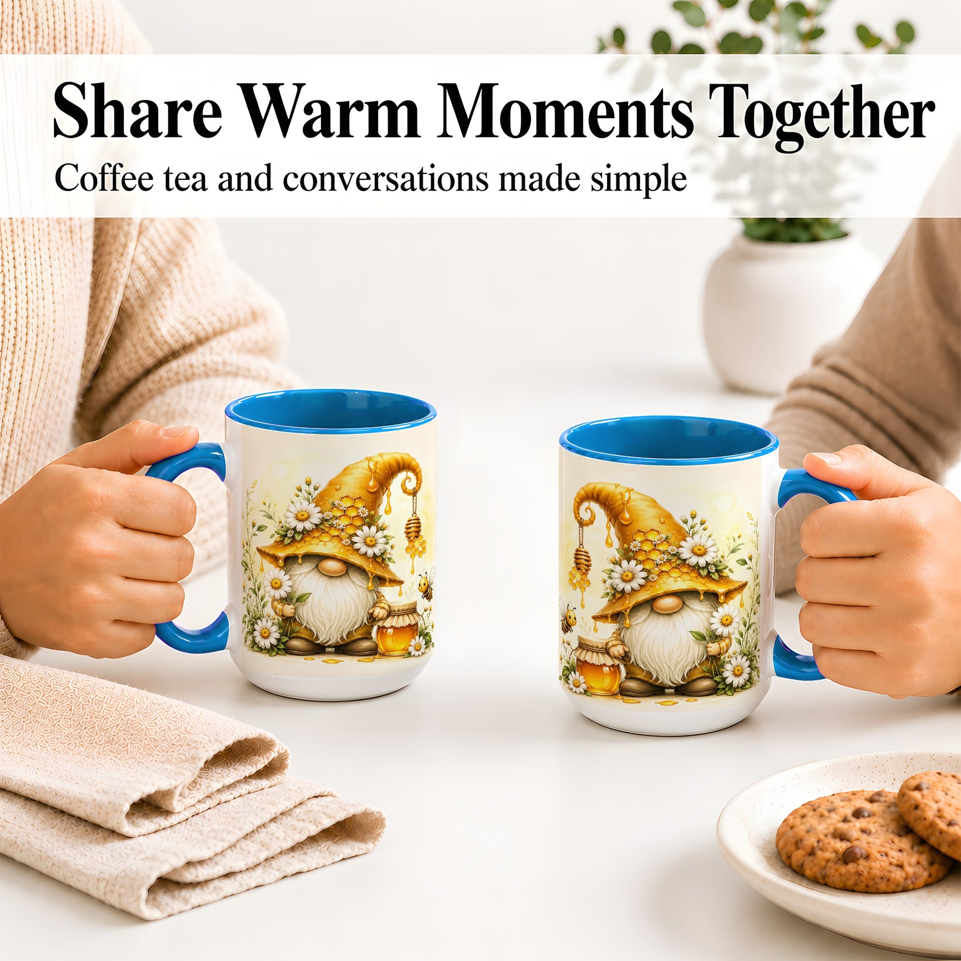 #pl[15oz|Blue] Honey Bee Gnome Ceramic Mug, Daisy Honeycomb Garden Floral Art