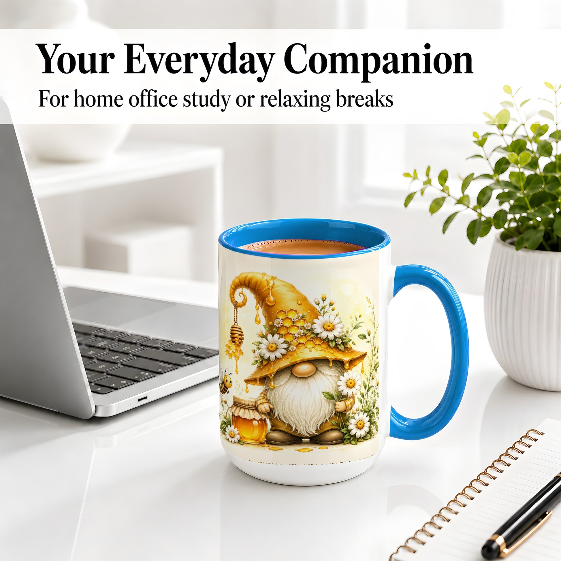 #pl[15oz|Blue] Honey Bee Gnome Ceramic Mug, Daisy Honeycomb Garden Floral Art