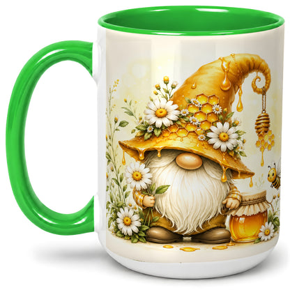 #pl[15oz|Green] Honey Bee Gnome Ceramic Mug, Daisy Honeycomb Garden Floral Art
