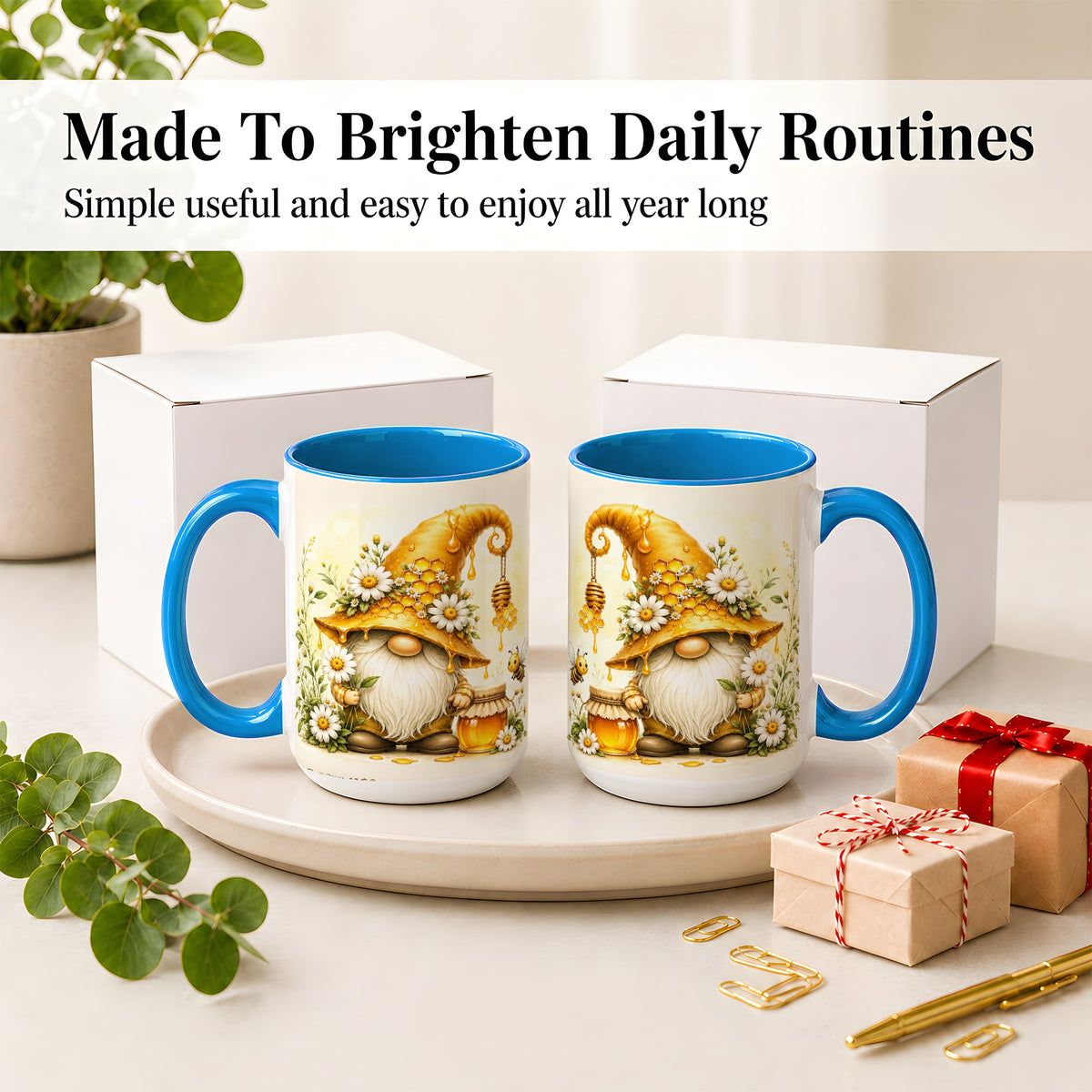#pl[15oz|Blue] Honey Bee Gnome Ceramic Mug, Daisy Honeycomb Garden Floral Art