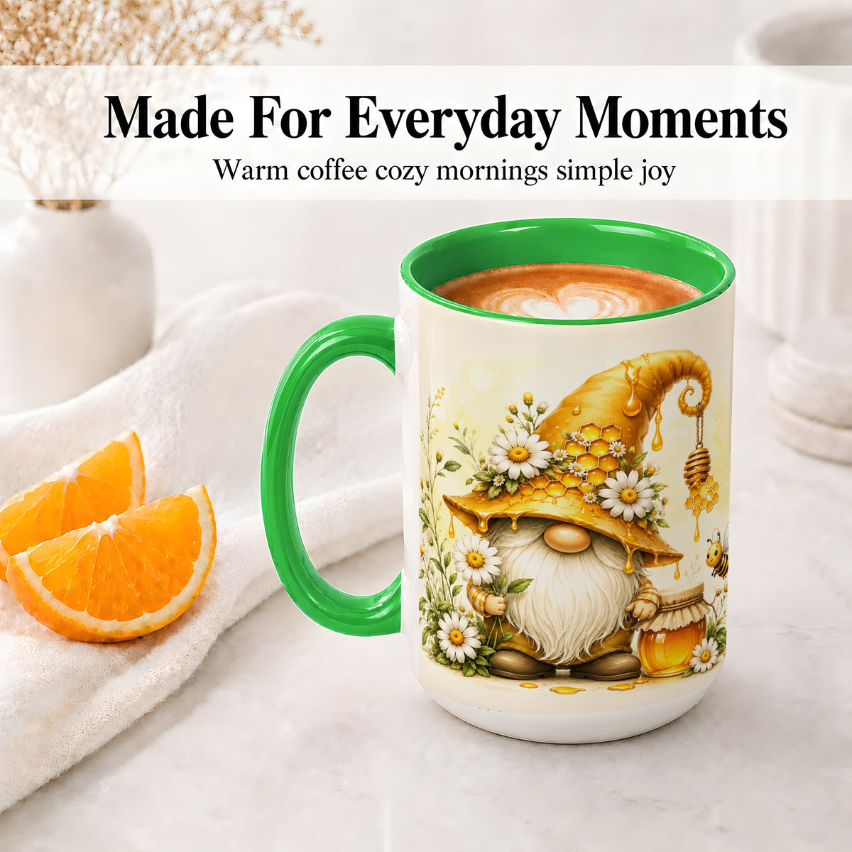 #pl[15oz|Green] Honey Bee Gnome Ceramic Mug, Daisy Honeycomb Garden Floral Art