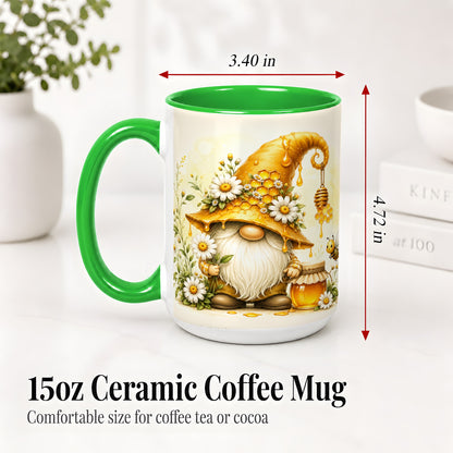 #pl[15oz|Green] Honey Bee Gnome Ceramic Mug, Daisy Honeycomb Garden Floral Art