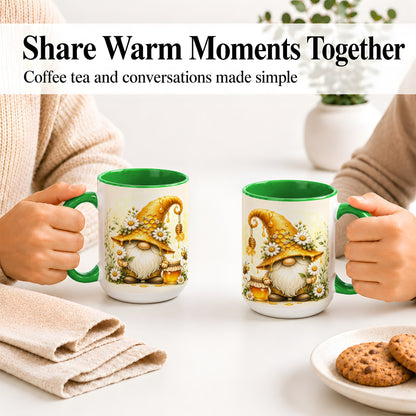#pl[15oz|Green] Honey Bee Gnome Ceramic Mug, Daisy Honeycomb Garden Floral Art