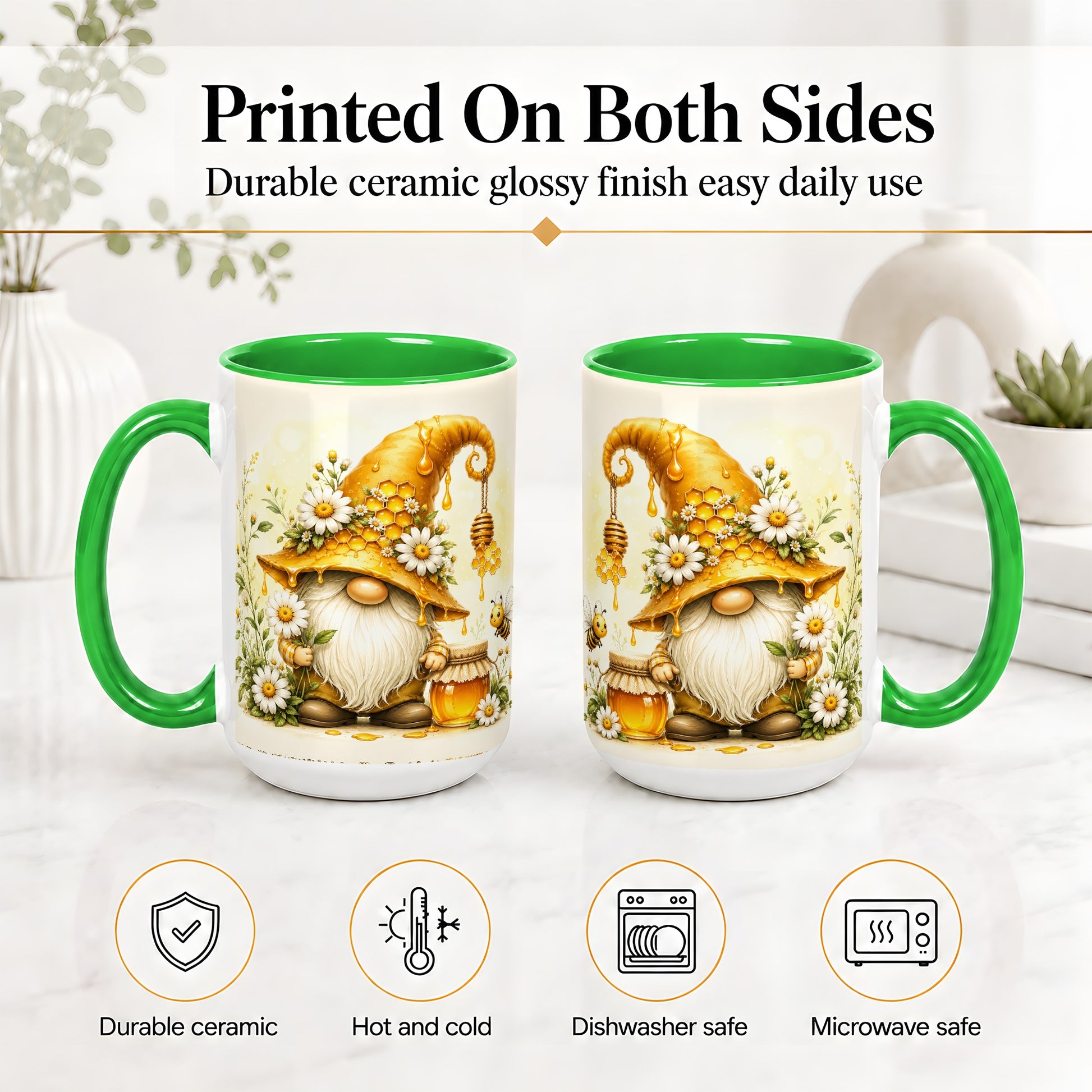 #pl[15oz|Green] Honey Bee Gnome Ceramic Mug, Daisy Honeycomb Garden Floral Art
