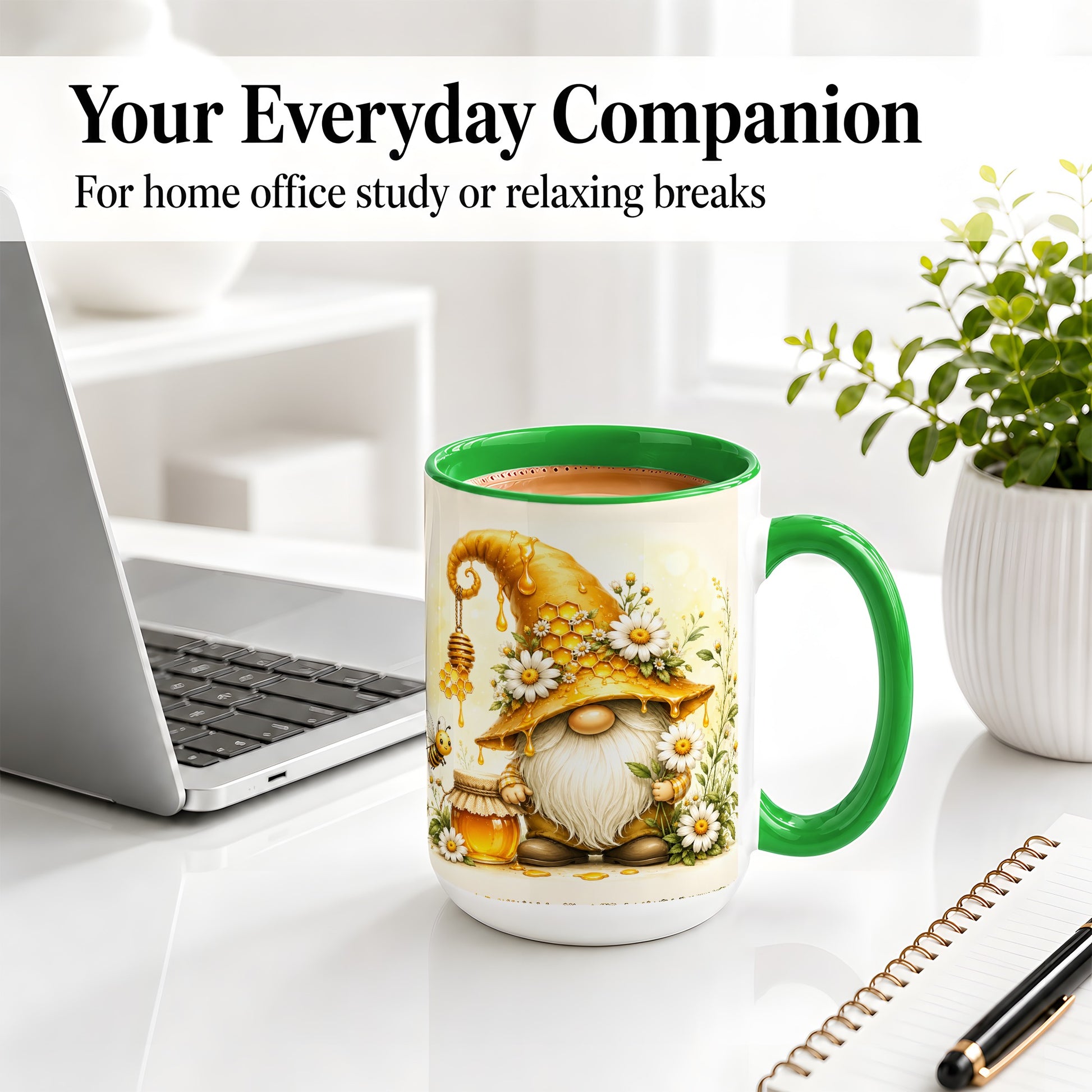 #pl[15oz|Green] Honey Bee Gnome Ceramic Mug, Daisy Honeycomb Garden Floral Art