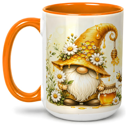 #pl[15oz|Orange] Honey Bee Gnome Ceramic Mug, Daisy Honeycomb Garden Floral Art