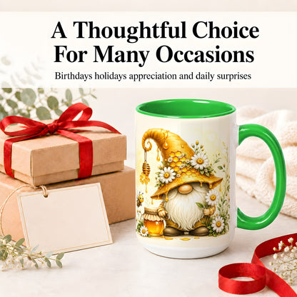 #pl[15oz|Green] Honey Bee Gnome Ceramic Mug, Daisy Honeycomb Garden Floral Art