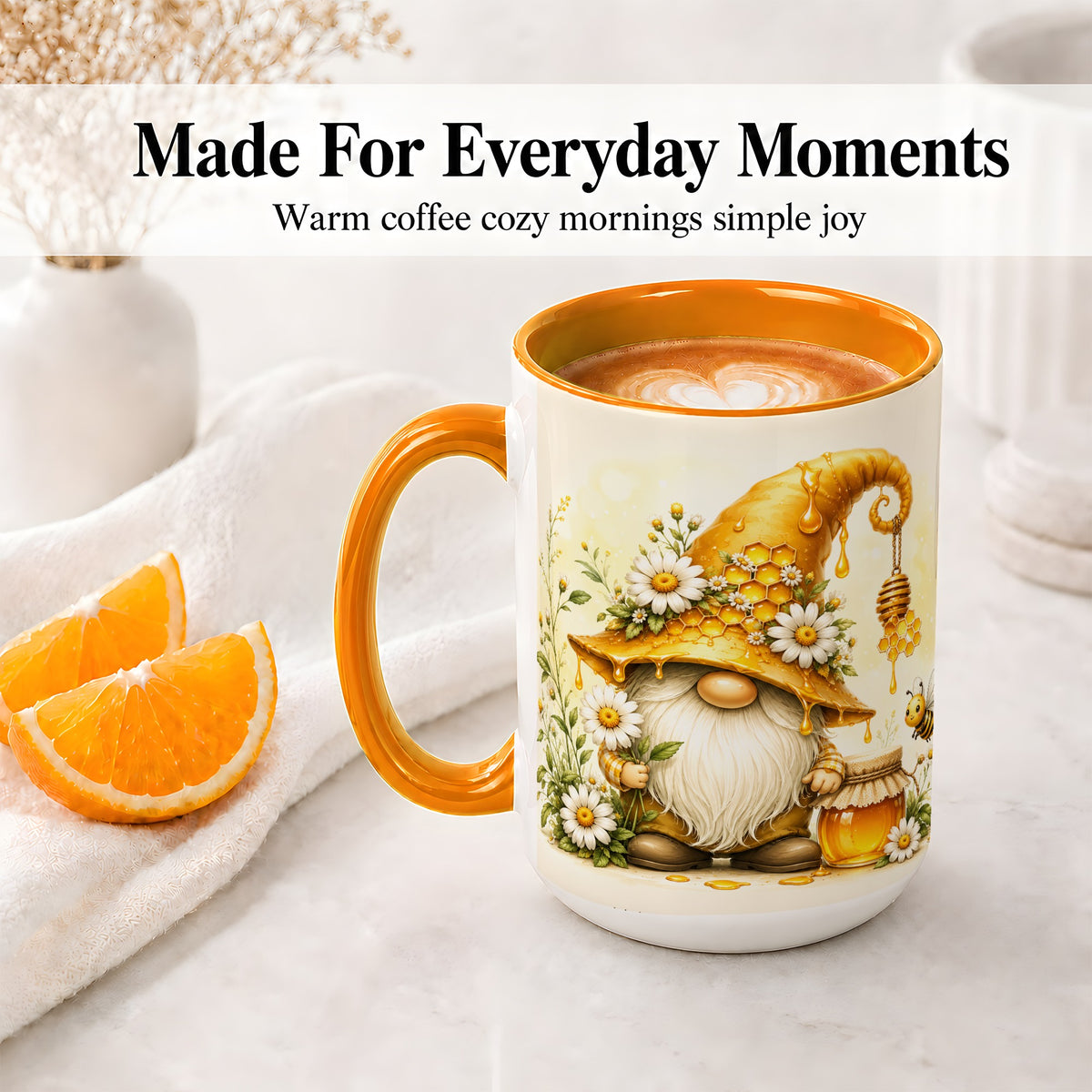 #pl[15oz|Orange] Honey Bee Gnome Ceramic Mug, Daisy Honeycomb Garden Floral Art