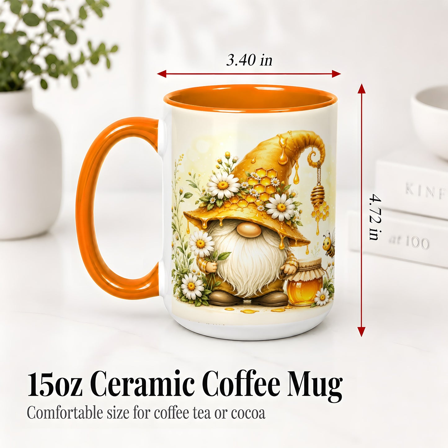 #pl[15oz|Orange] Honey Bee Gnome Ceramic Mug, Daisy Honeycomb Garden Floral Art