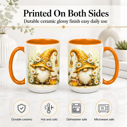 #pl[15oz|Orange] Honey Bee Gnome Ceramic Mug, Daisy Honeycomb Garden Floral Art