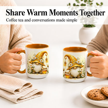 #pl[15oz|Orange] Honey Bee Gnome Ceramic Mug, Daisy Honeycomb Garden Floral Art