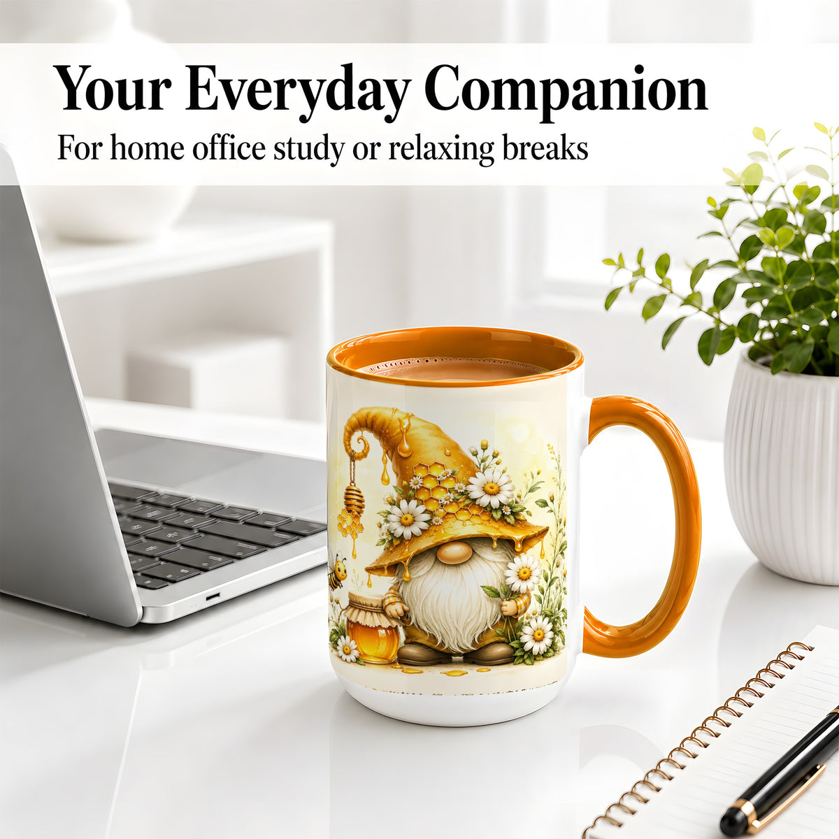 #pl[15oz|Orange] Honey Bee Gnome Ceramic Mug, Daisy Honeycomb Garden Floral Art