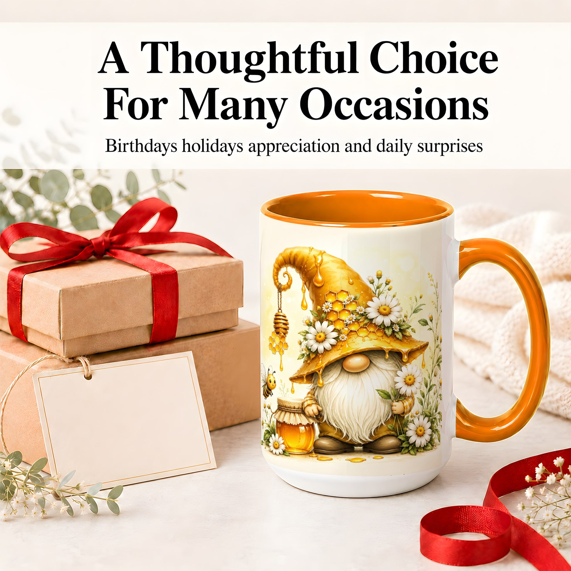 #pl[15oz|Orange] Honey Bee Gnome Ceramic Mug, Daisy Honeycomb Garden Floral Art