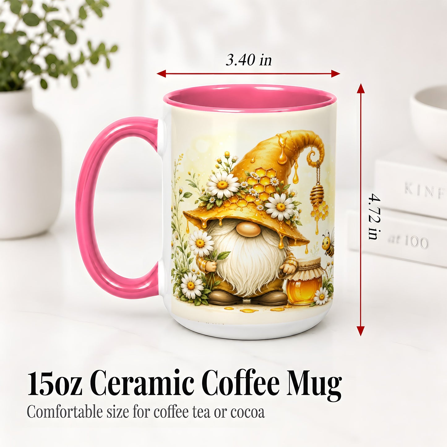 #pl[15oz|Pink] Honey Bee Gnome Ceramic Mug, Daisy Honeycomb Garden Floral Art