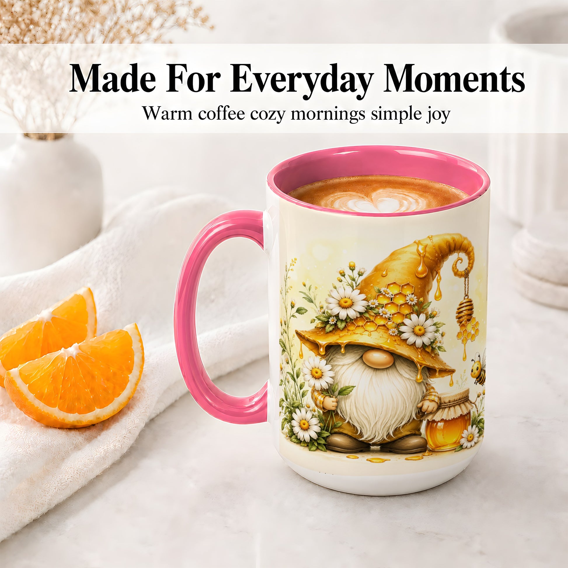 #pl[15oz|Pink] Honey Bee Gnome Ceramic Mug, Daisy Honeycomb Garden Floral Art