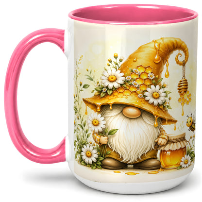 #pl[15oz|Pink] Honey Bee Gnome Ceramic Mug, Daisy Honeycomb Garden Floral Art