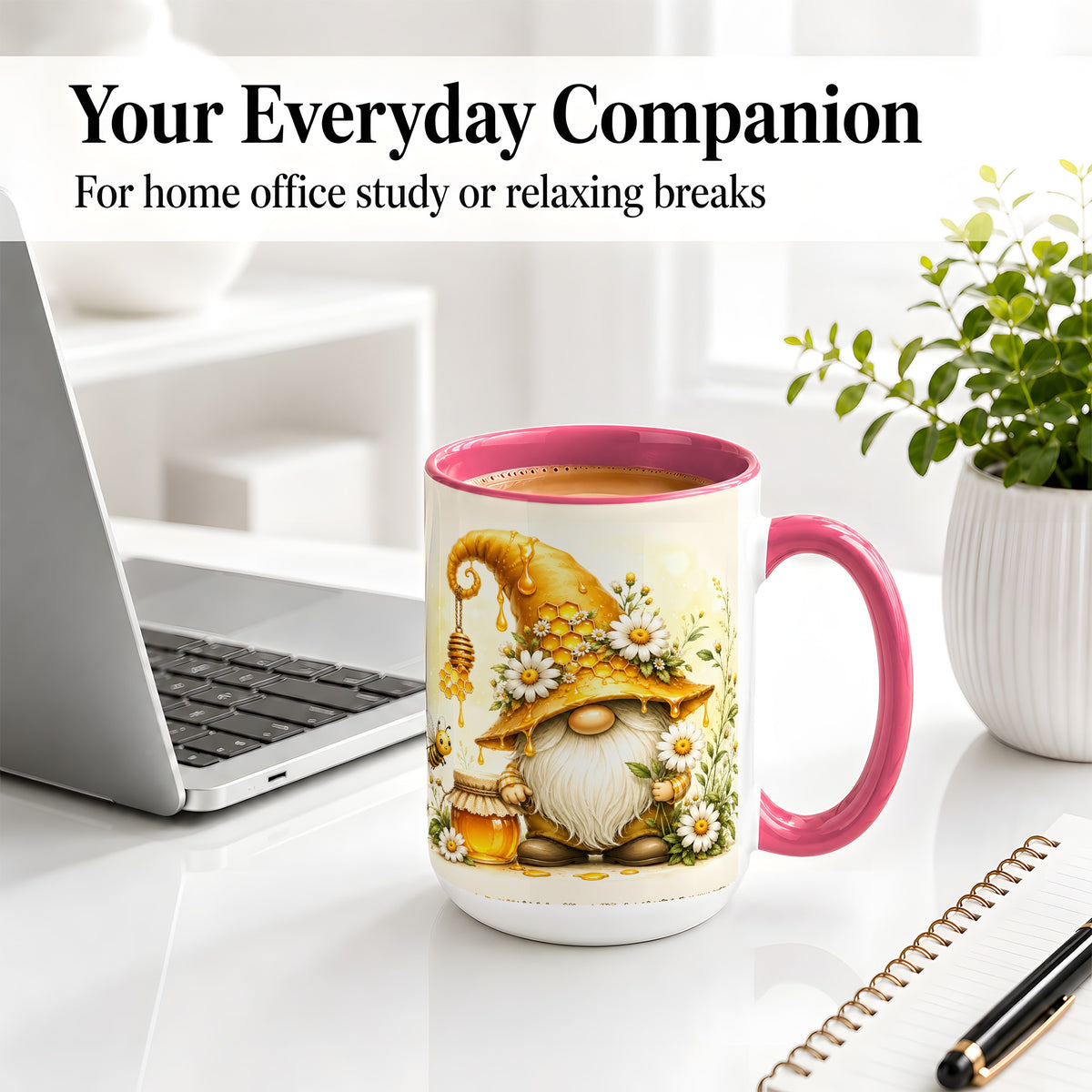 #pl[15oz|Pink] Honey Bee Gnome Ceramic Mug, Daisy Honeycomb Garden Floral Art