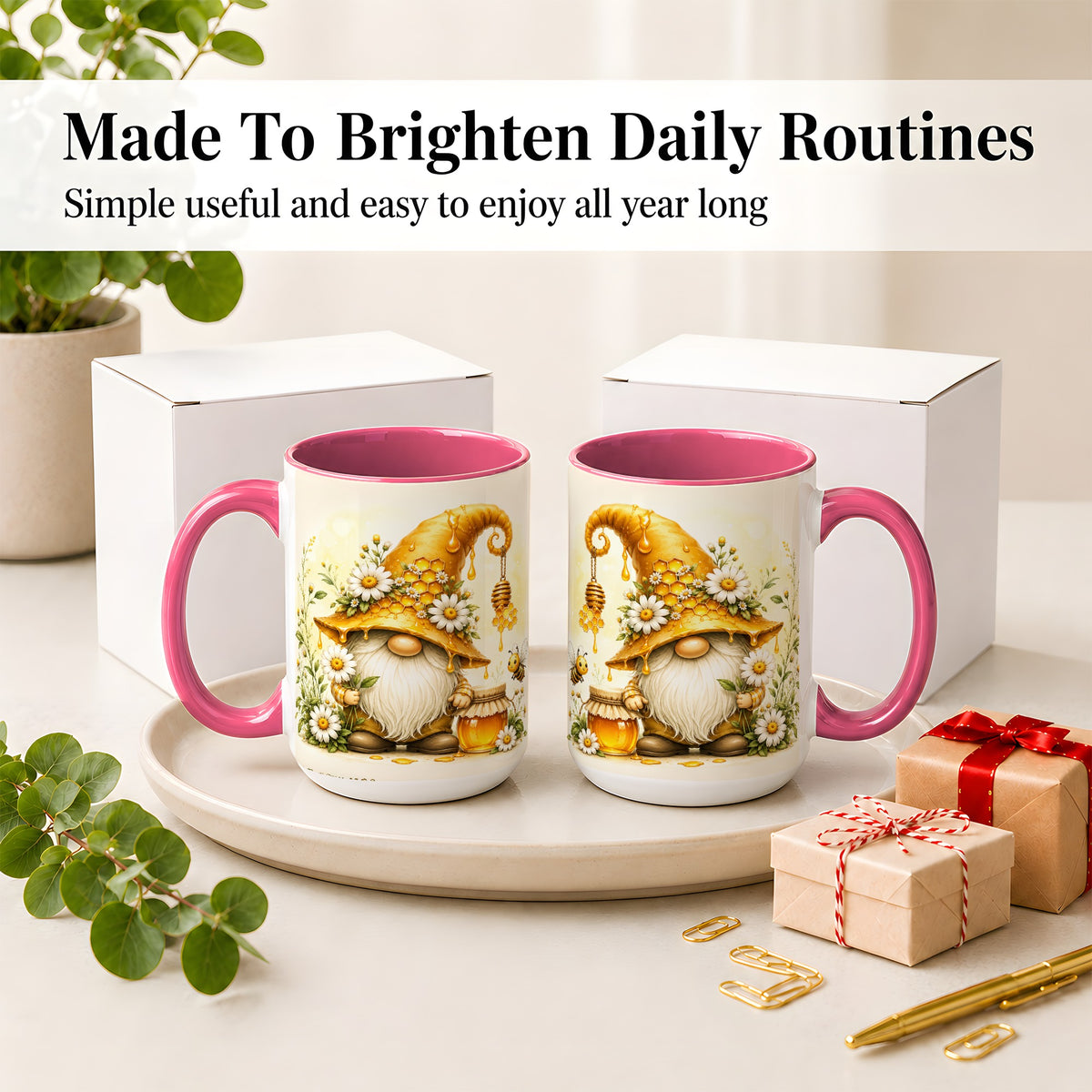 #pl[15oz|Pink] Honey Bee Gnome Ceramic Mug, Daisy Honeycomb Garden Floral Art