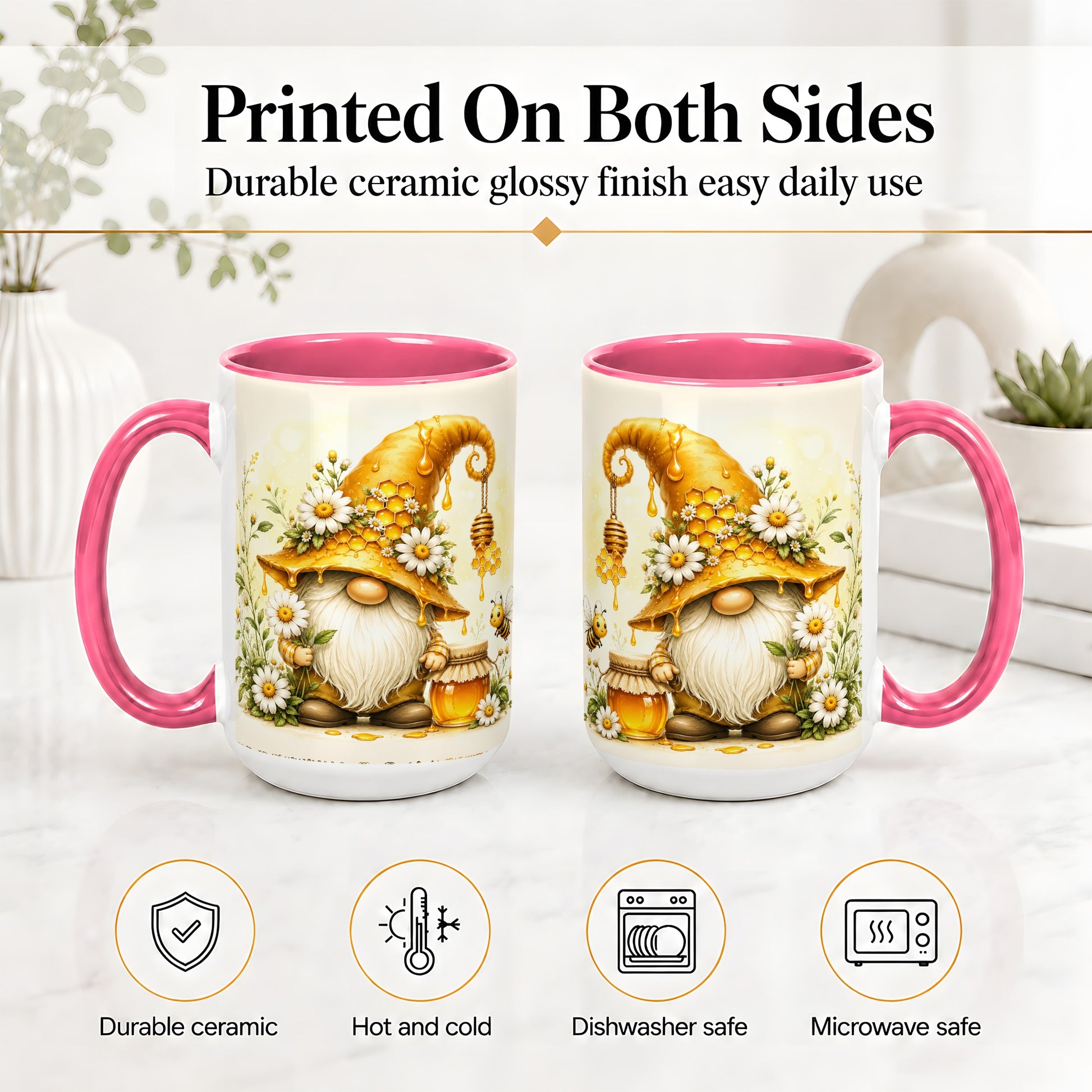 #pl[15oz|Pink] Honey Bee Gnome Ceramic Mug, Daisy Honeycomb Garden Floral Art