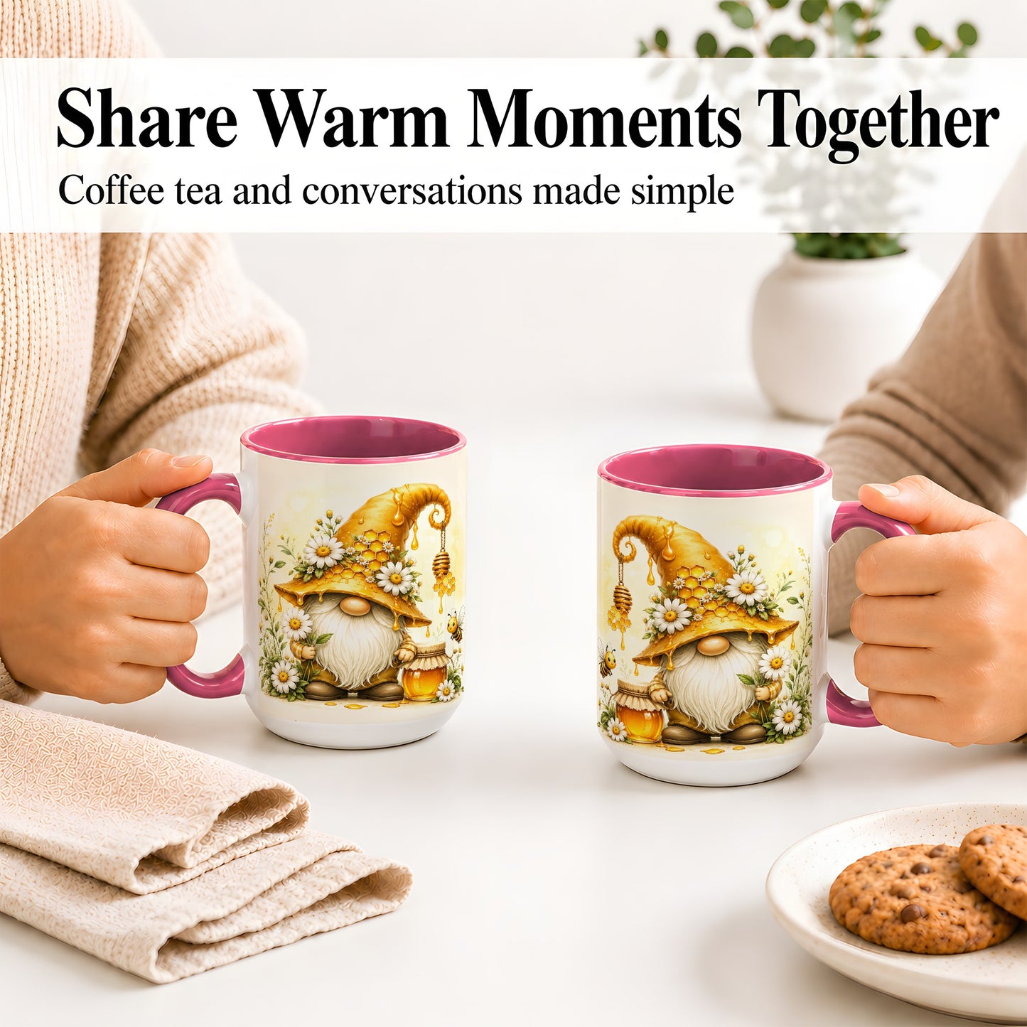 #pl[15oz|Pink] Honey Bee Gnome Ceramic Mug, Daisy Honeycomb Garden Floral Art