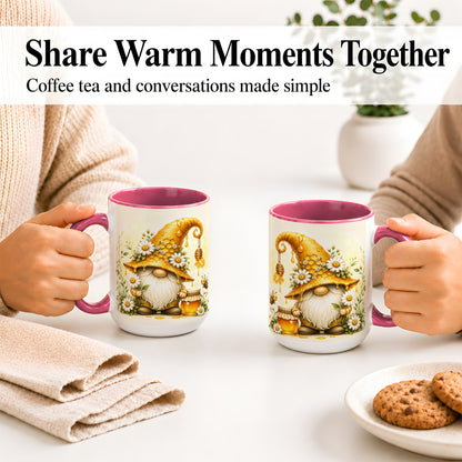 #pl[15oz|Pink] Honey Bee Gnome Ceramic Mug, Daisy Honeycomb Garden Floral Art