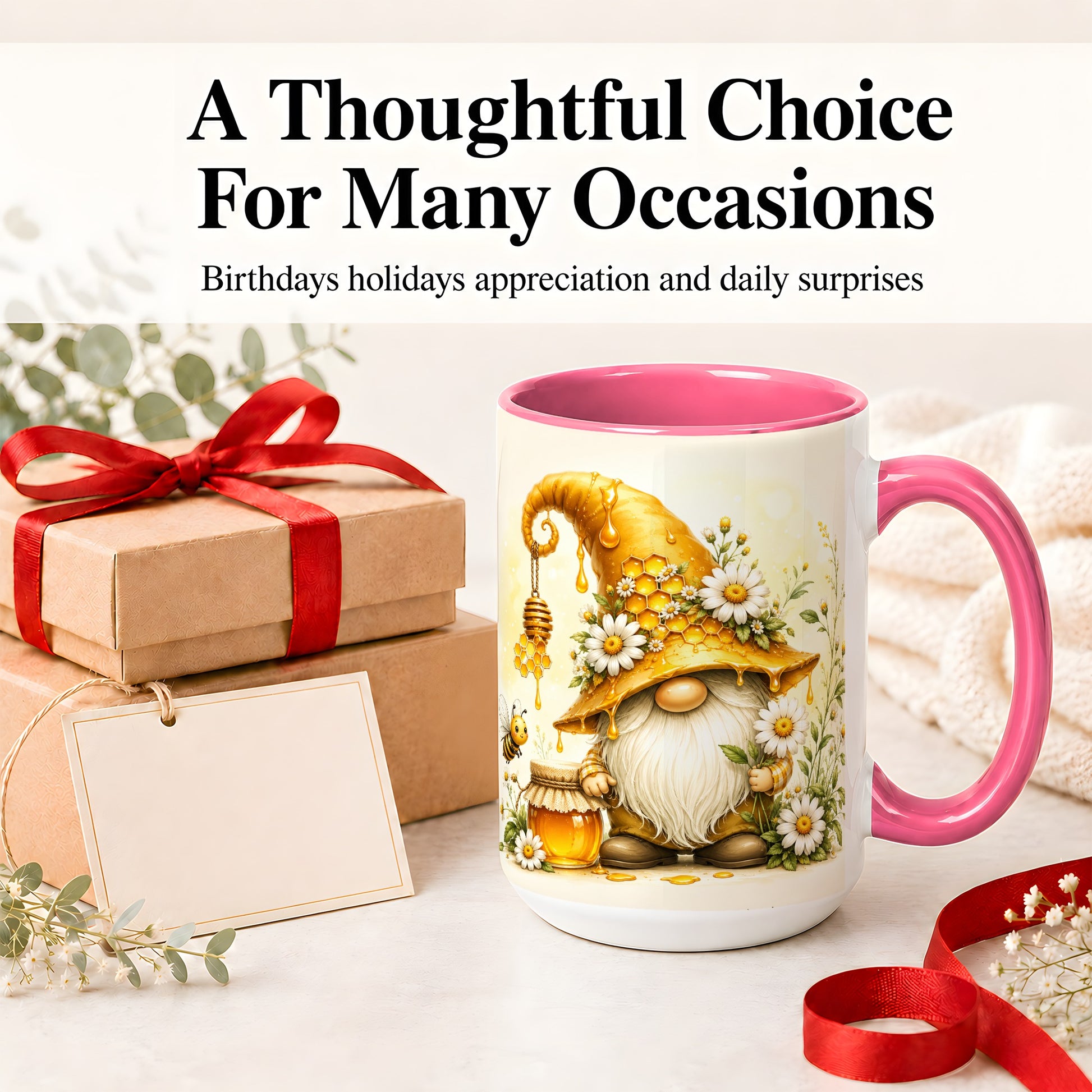 #pl[15oz|Pink] Honey Bee Gnome Ceramic Mug, Daisy Honeycomb Garden Floral Art