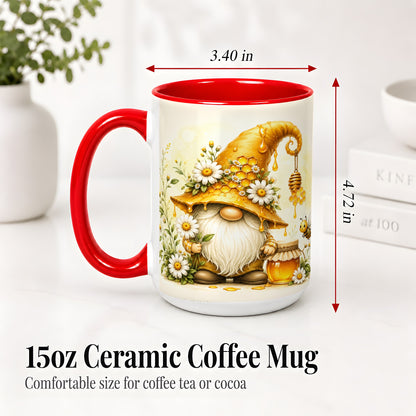 #pl[15oz|Red] Honey Bee Gnome Ceramic Mug, Daisy Honeycomb Garden Floral Art