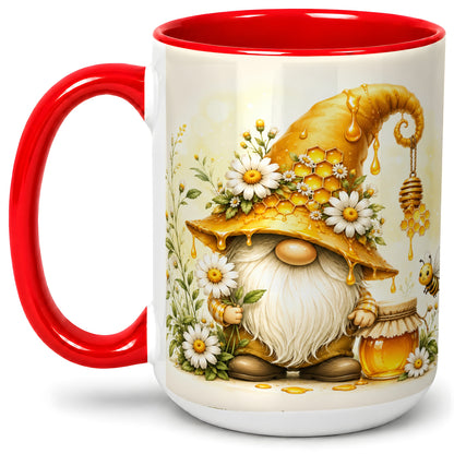 #pl[15oz|Red] Honey Bee Gnome Ceramic Mug, Daisy Honeycomb Garden Floral Art