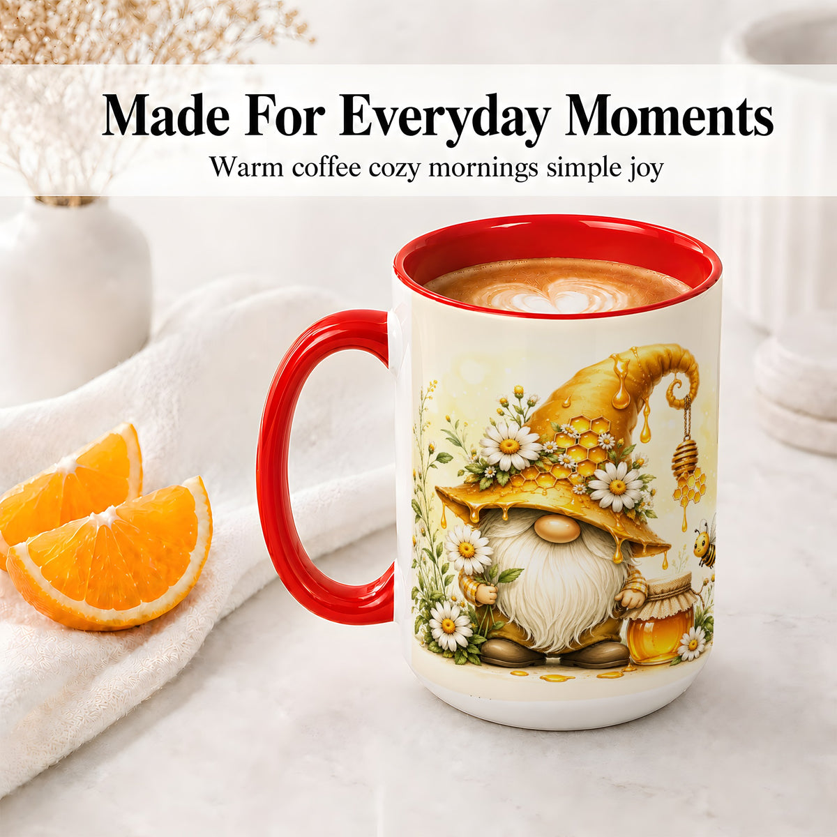 #pl[15oz|Red] Honey Bee Gnome Ceramic Mug, Daisy Honeycomb Garden Floral Art