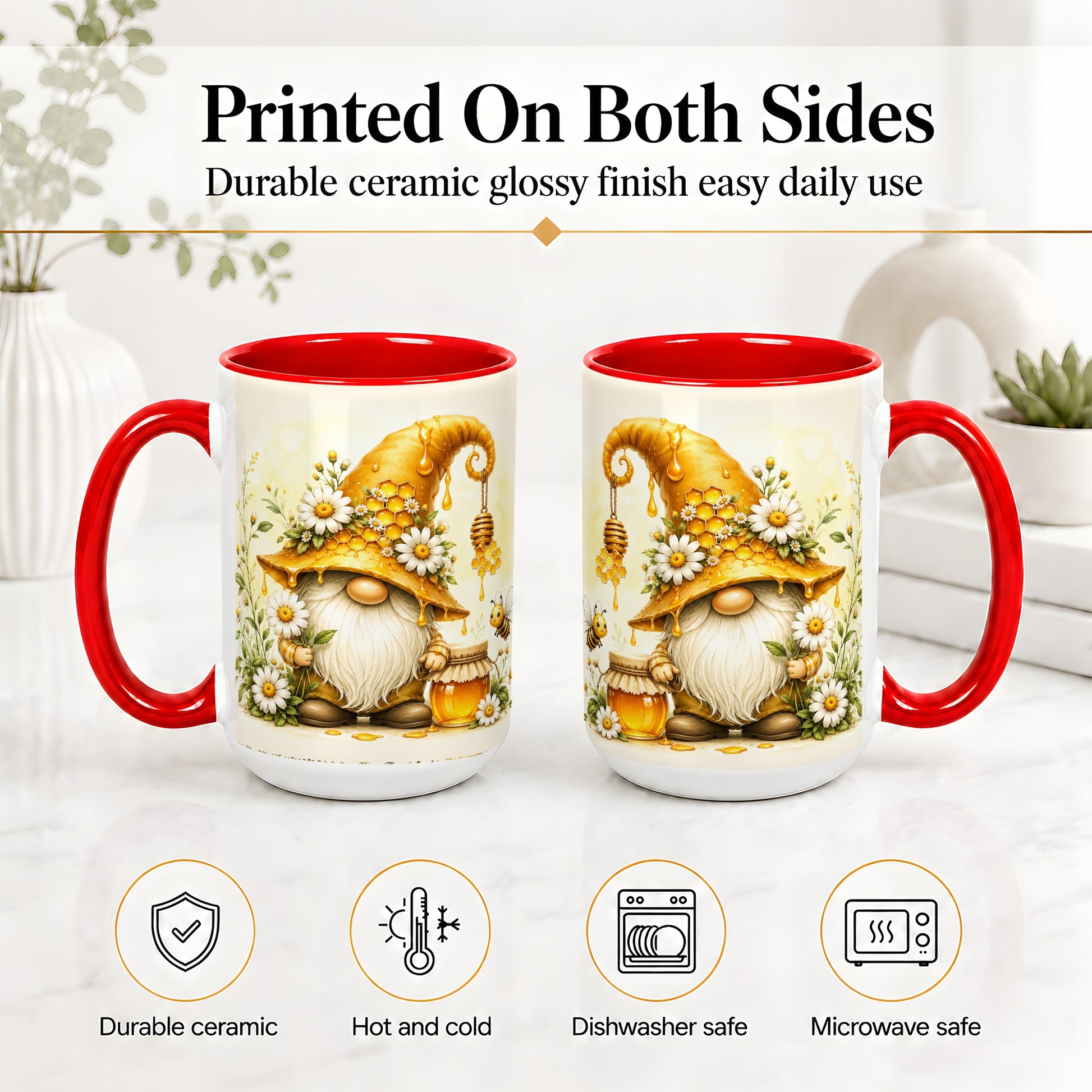 #pl[15oz|Red] Honey Bee Gnome Ceramic Mug, Daisy Honeycomb Garden Floral Art