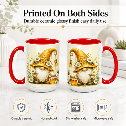 #pl[15oz|Red] Honey Bee Gnome Ceramic Mug, Daisy Honeycomb Garden Floral Art