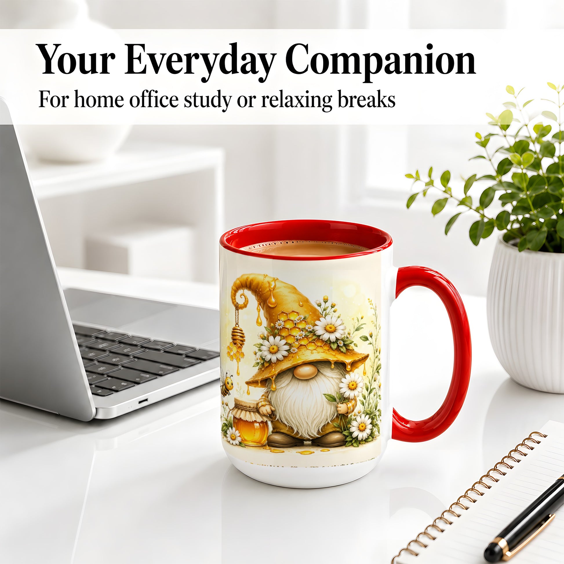 #pl[15oz|Red] Honey Bee Gnome Ceramic Mug, Daisy Honeycomb Garden Floral Art