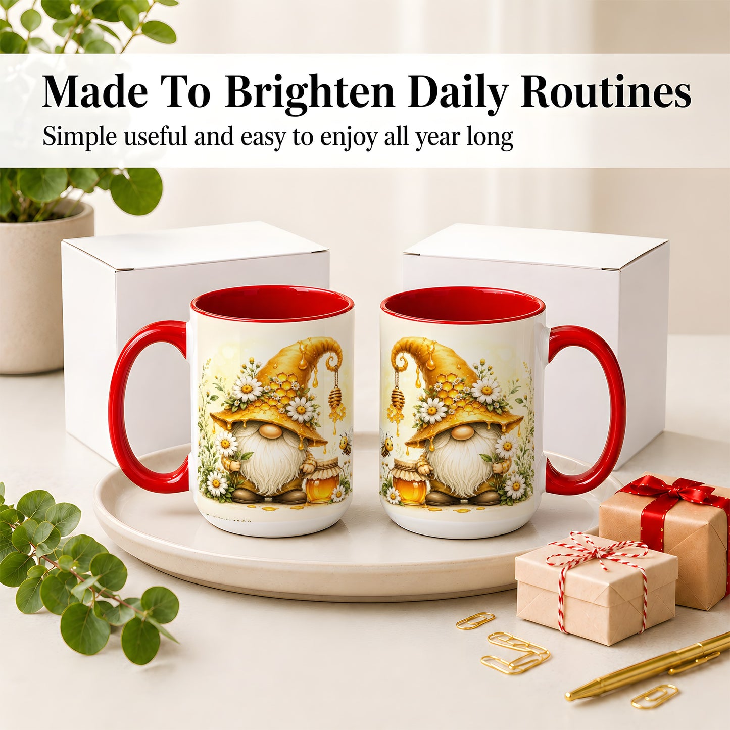 #pl[15oz|Red] Honey Bee Gnome Ceramic Mug, Daisy Honeycomb Garden Floral Art