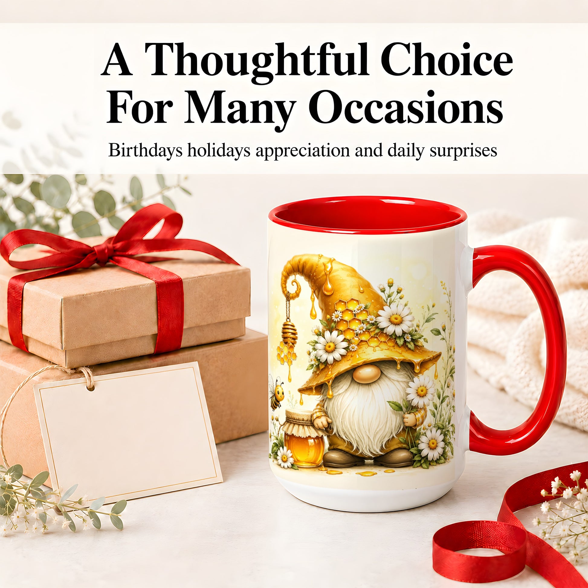 #pl[15oz|Red] Honey Bee Gnome Ceramic Mug, Daisy Honeycomb Garden Floral Art