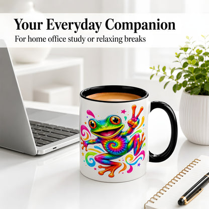 #pl[11oz|Black] Tie Dye Frog Ceramic Mug, Rainbow Peace Sign Colorful Artwork