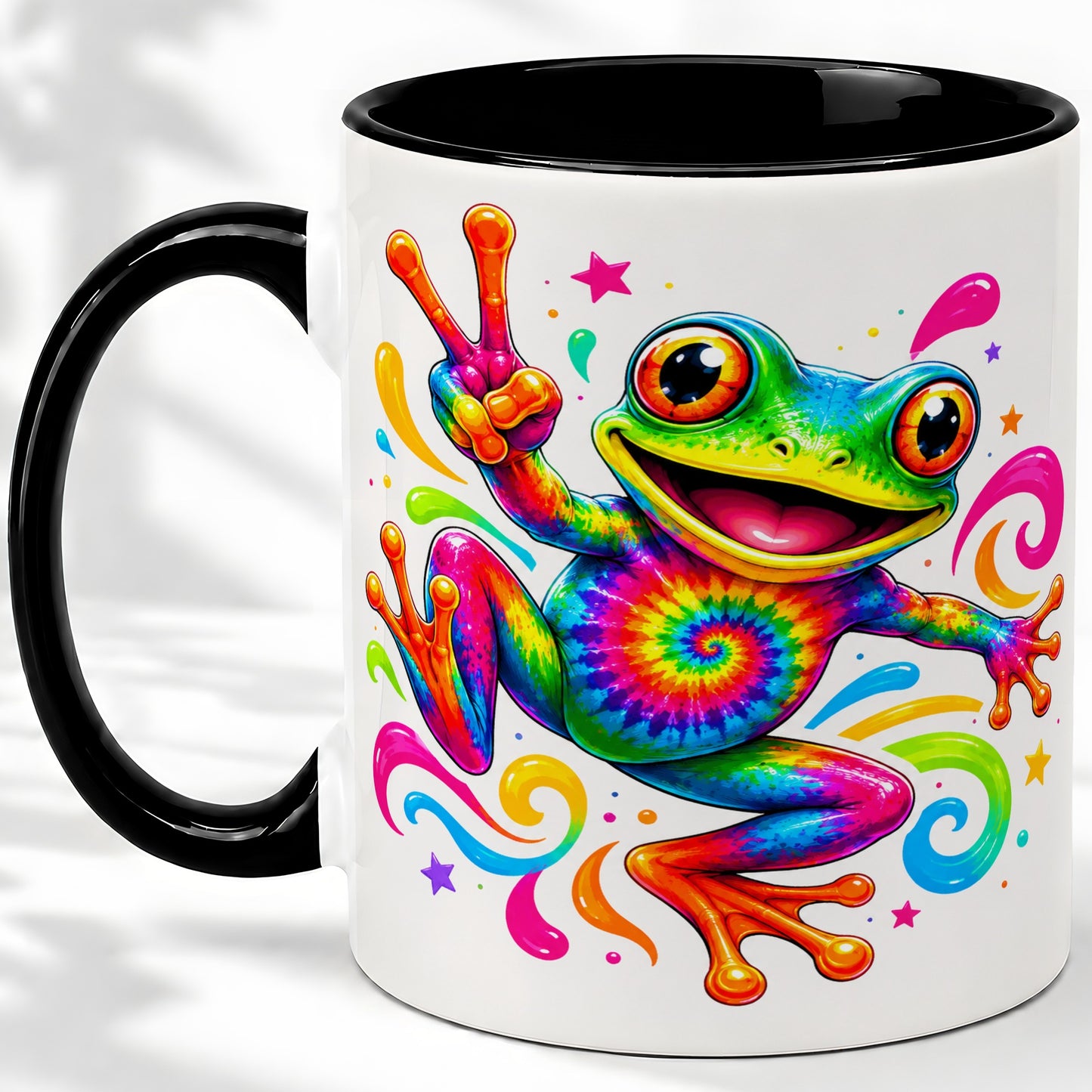 #pl[11oz|Black] Tie Dye Frog Ceramic Mug, Rainbow Peace Sign Colorful Artwork