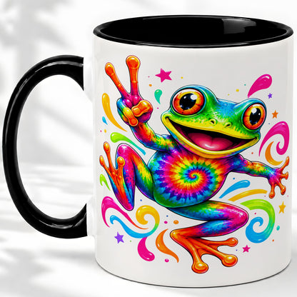 #pl[11oz|Black] Tie Dye Frog Ceramic Mug, Rainbow Peace Sign Colorful Artwork