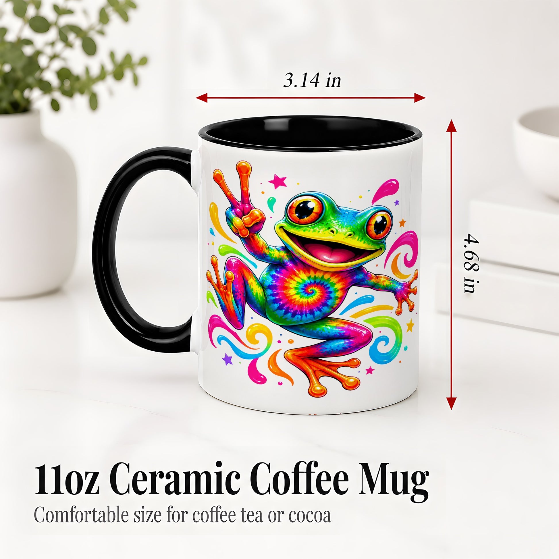 #pl[11oz|Black] Tie Dye Frog Ceramic Mug, Rainbow Peace Sign Colorful Artwork