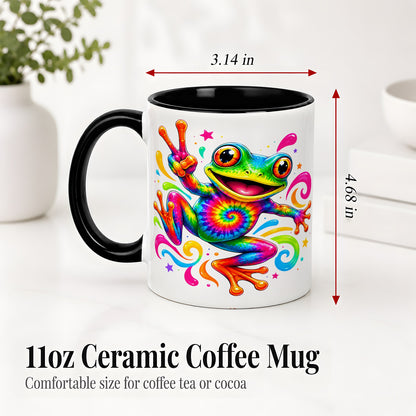 #pl[11oz|Black] Tie Dye Frog Ceramic Mug, Rainbow Peace Sign Colorful Artwork